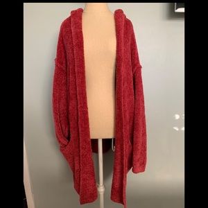 Free People fuzzy red hooded cardigan